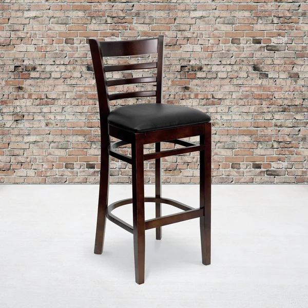 Lancaster Home 2 Pack Vertical Slat Back Wooden Restaurant Barstool - 16.75x22W x 19x22D x 43.75x22H - Black Vinyl Seat/ Cherry