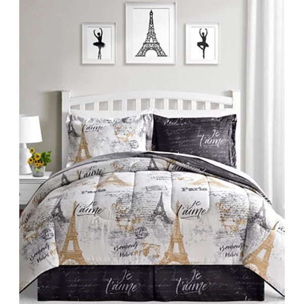 Bon Jour Paris - Eiffel Tower, Black & White Reversible Cal King Comforter Set (8 Piece Bed in A Bag)