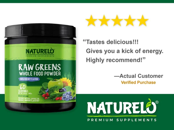 NATURELO Raw Greens Whole Food Powder Wild Berry Flavor - 60 Servings 480 G