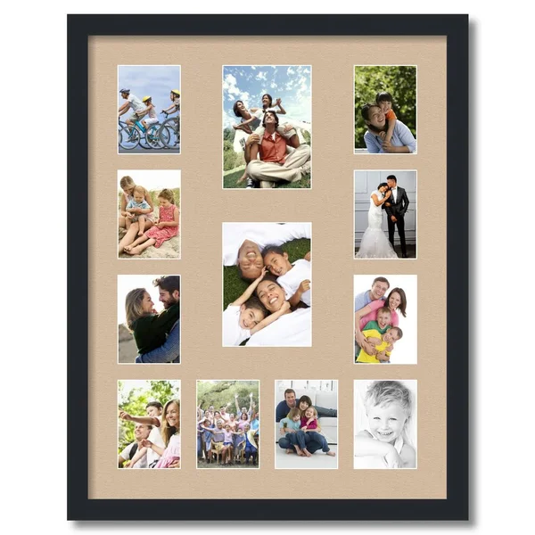Collage Picture Frame - Satin Black Frame with 12 openings for 5x7 Photos with Pink Scotch Mist Mat. D3926DG611, ArtToFrames
