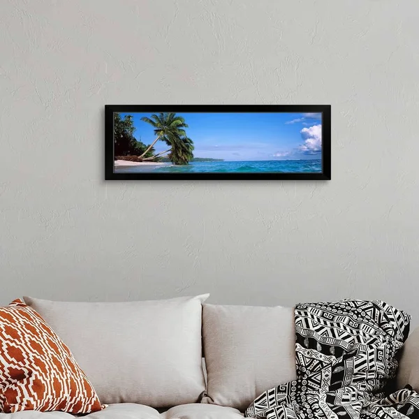 Palm Trees on The Beach - Indonesia, Black Framed Wall Art, 36x12, Great Big Canvas