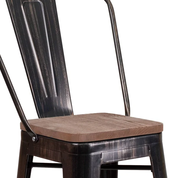 Flash Furniture 24x22 High Metal Counter Height Stool with Back and Wood Seat - Black-Antique Gold