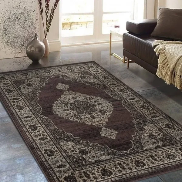 Allstar Rugs Distressed Espresso and Black Rectangular Accent Area Rug with Mocha Persian Design - 7& 6x22x9& 8x22