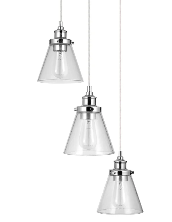 Amazon Brand - Ravenna Home 3-Light Cascading Pendant Light with Clear Glass Shades - Vintage Edison Bulbs Included, 70.2x22H, Ch