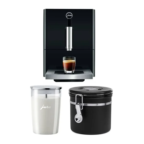 Jura A1 Ultra Compact Coffee Center 15148 with Pep, Piano Black, Includes Glass Milk Container and Bean Canister Bundle (3 items