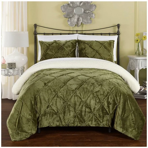 Chic Home CS5125-US Enzo Pinch Pleated Ruffled & Pin Tuck Sherpa Lined Bed in A Bag Comforter Set - Green - Queen - 3 Piece