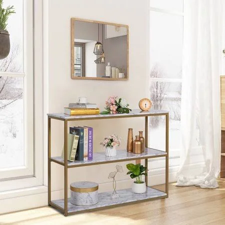 Kepooman 3-Layer Console Table, Gold Frame Veneer Sofa Entrance Table, Home Bookshelf, White Marble, Size: 43 x 14 x 32