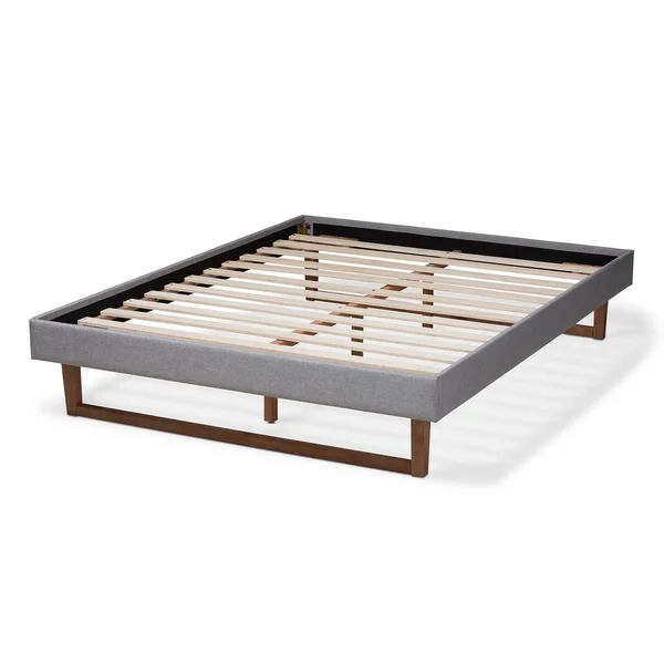 Baxton Studio Liliya Light Grey Fabric Walnut Wood Queen Platform Bed Frame