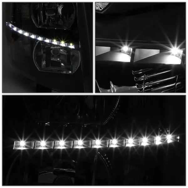DNA Motoring for 07-14 Chevy Silverado 1500 2500 3500 LED DRL Strip Headlight Black Housing Amber Corner Headlamp 08 09 10 11