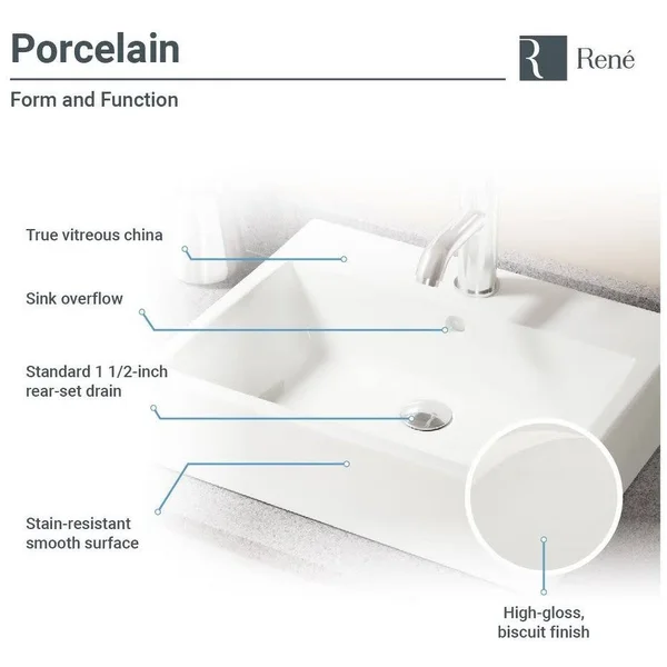 Rene R2-5018-B-R9-7009-BN Biscuit Porcelain Vessel Sink with Brushed Nickel Vessel Faucet and Vessel Pop-Up Drain, 21" x 16