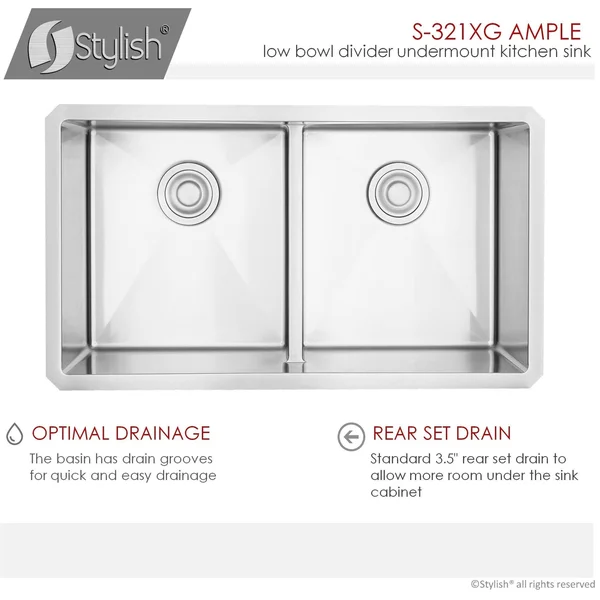 Stylish S-321XG 32x22L x 18x22W Double Basin Undermount Kitchen Sink with Grids and Strainers