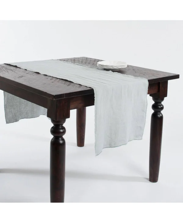 Saro Lifestyle Fringed Linen Design Stone Washed Runner Blue Grey