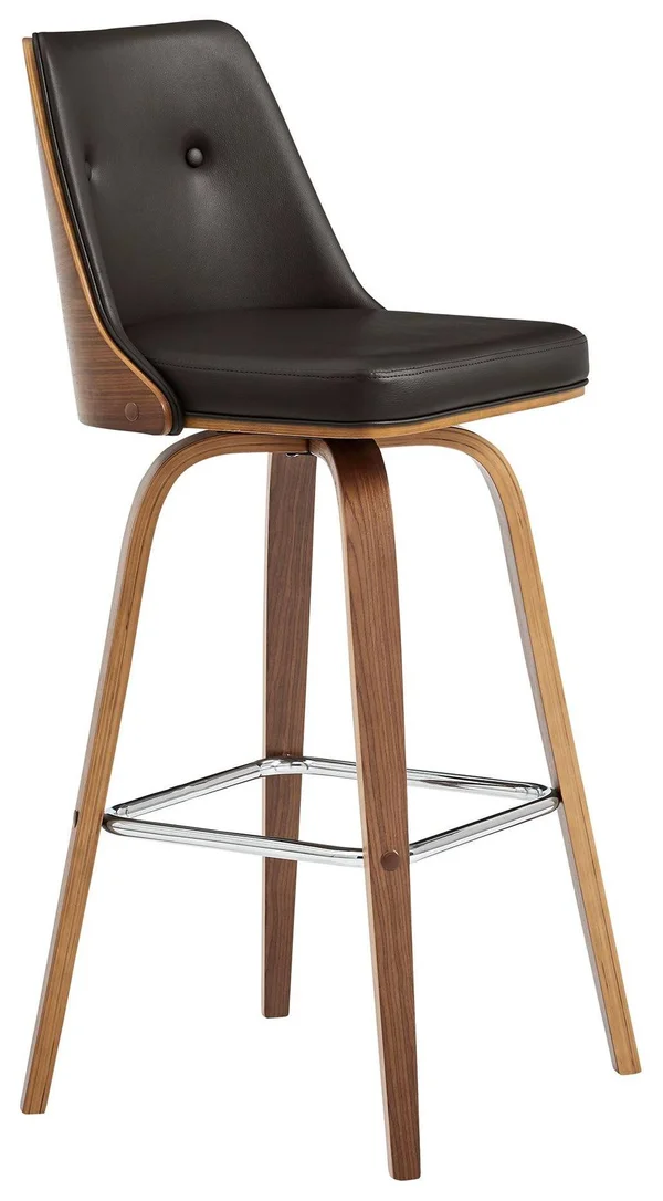 Armen Living Nolte Brown Faux Leather and Walnut Wood Swivel 30x22 Bar Stool