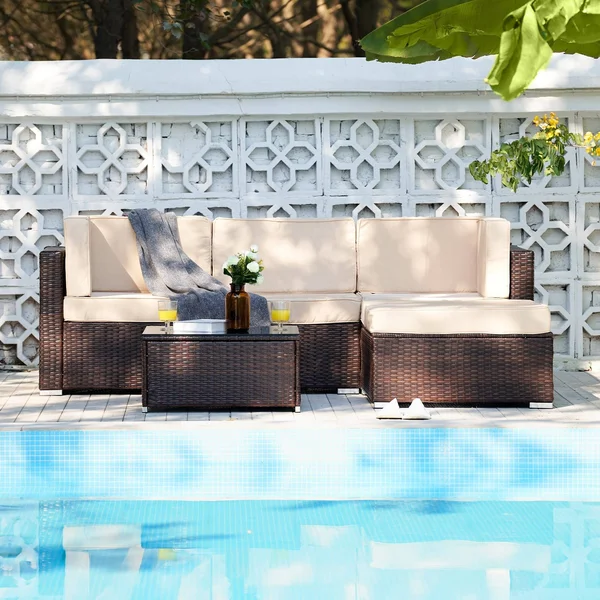 CO-Z 5 Pcs Outdoor Patio Furniture Set - Sectional Sofa, Table - Walnut & Blue, 29.5 x 29.5 x 25 in