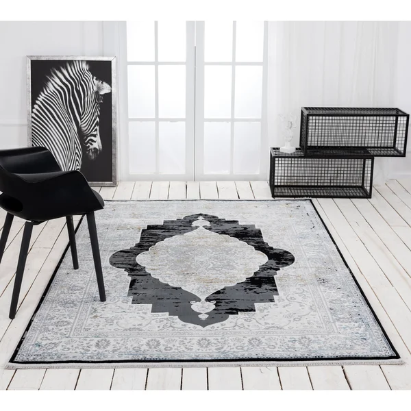Xanthos Collection Black/Tan Transitional Polyester Area Rug - 5' x 8'
