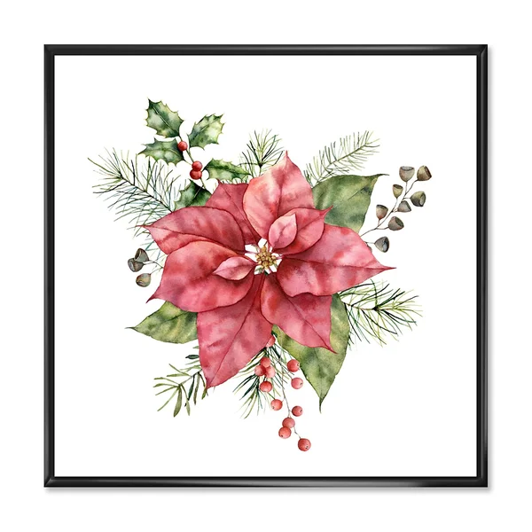 Designart &Holly Mistletoe Berries & Christmas Fir Branch II& Traditional Framed Canvas Wall Art Print - 36 in. Wide x 36 in