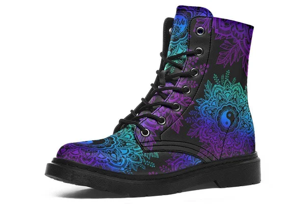 Yin Yang Mandala Boots - Vegan Black Boots, YesWeVibe Women's Boots, Black Sole, US 5, EU35.5