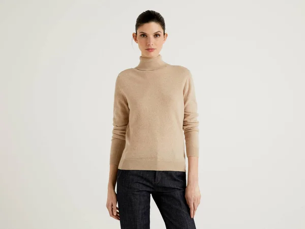 Benetton - Beige Turtleneck Sweater in Pure Merino Wool Customizable, Size M, Beige, Women