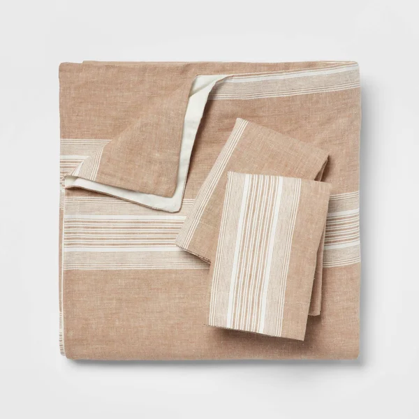 Full/Queen Chambray Yarn Dye Stripe Duvet & Sham Set Brown - Threshold
