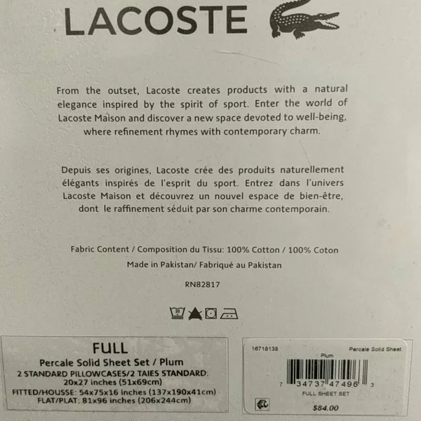Lacoste 100% Cotton Percale Sheet Set, Solid, Plum, Full