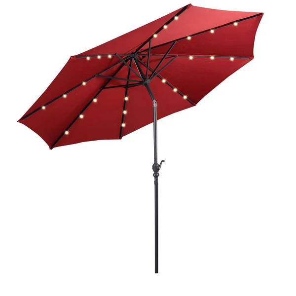 WELLFOR 10 ft. Steel Market Solar Tilt Patio Umbrella with Crank and LED Lights in Burgundy