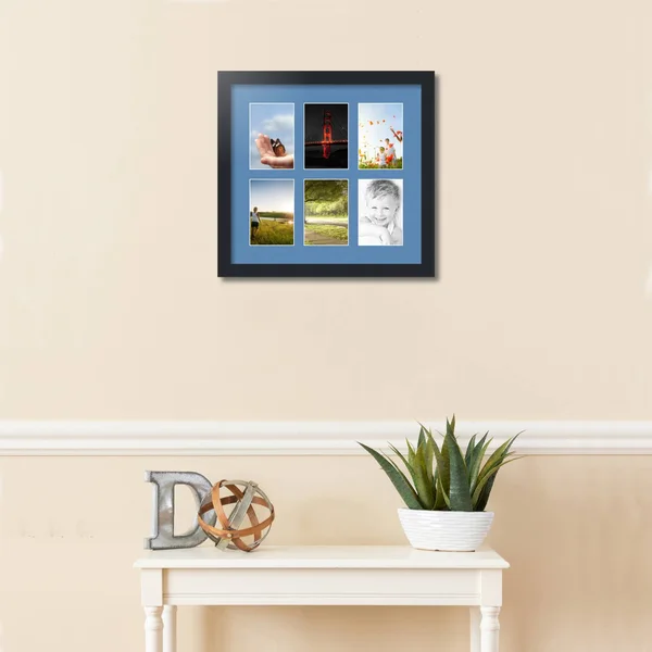 Collage Picture Frame - Satin Black Frame with 6 openings for 4x6 Photos with Liberty Blue Mat. D3926FG1170, ArtToFrames