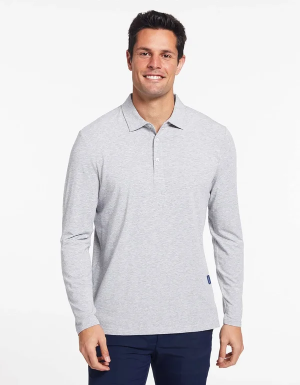 Sun Protective Long Sleeve Polo Shirt for Men UPF50+, UV Protection Light Grey Marle