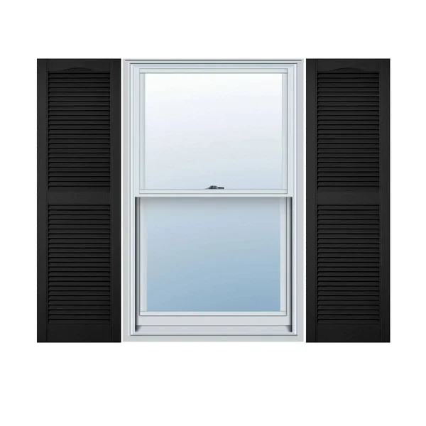 18 inchw x 29 inchh Lifetime Vinyl - Custom Straight Top Center Mullion, Open Louver Shutters, Black