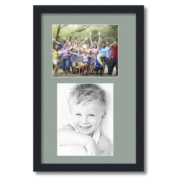 Collage Picture Frame, Satin Black Frame with 2 openings for 8x10 Photos with Grey Silverpine Mat. D3926GO2167, ArtToFrames