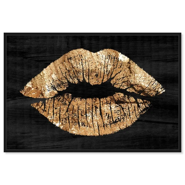 Oliver Gal Fashion and Glam Wall Art Framed Canvas Prints &Solid Kiss Night& Lips - Gold - Black - 54 x 36