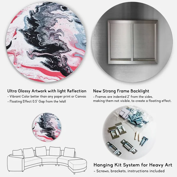 Designart 'Abstract Marble Composition in Pink and Gray I' Modern Metal Circle Wall Art - 38x38 - Disc of 38 inch