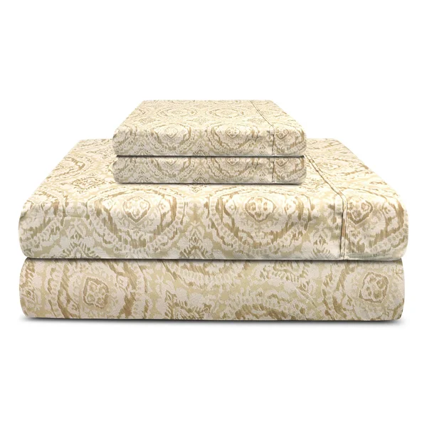Trident Queen Printed Pattern 100% Cotton Peach Percale Sheet Set Beige Ikat - Feather Tales