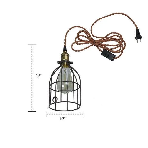 AXILAND Industrial Vintage Style Mini Plug in Pendant Light Metal Bird Cage Edison Hanging Light with Toggle Switch