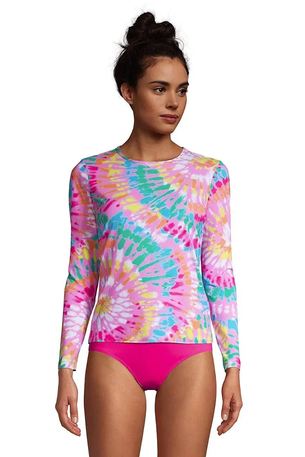 Women's Lands& End UPF 50 Long Sleeve Rash Guard, Size: Medium, Pink