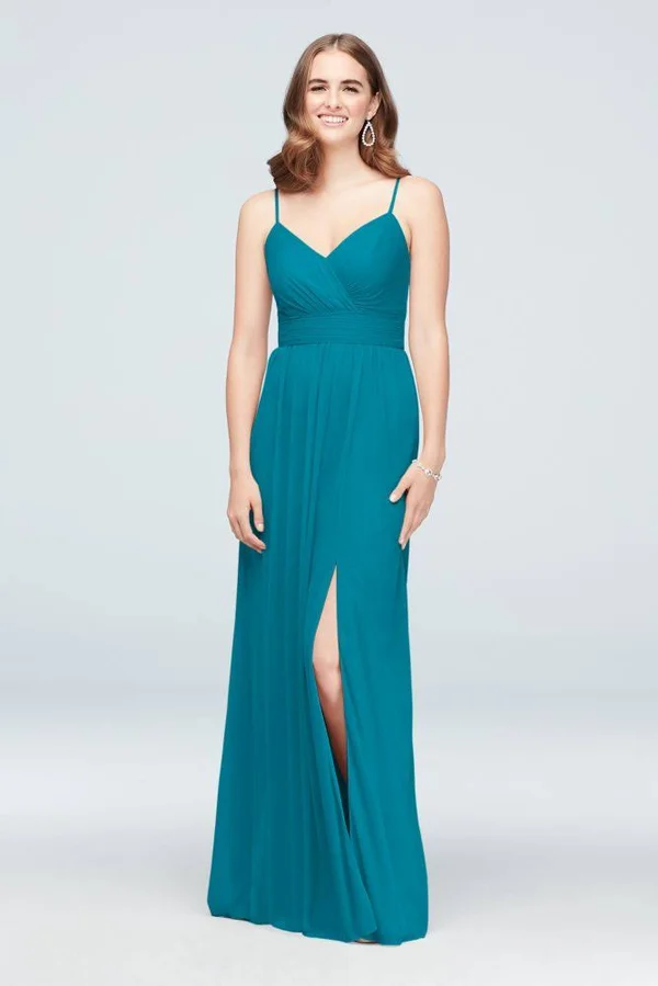 Spaghetti Strap Ruched Waist Mesh Bridesmaid Dress - Steel Blue, 26