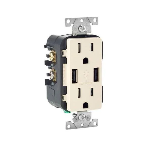 Leviton 15 Amp Decora Combination Tamper Resistant Duplex Outlet and USB Charger - Light Almond (9-Pack)