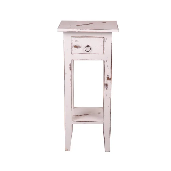 The Hamptons Collection 25.75x22 Heavy Distressed White Washed Narrow End Table with Metal Antique Brass Knob