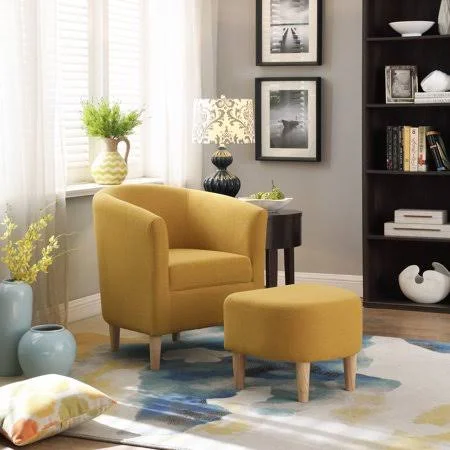 Modern Accent Arm Chair Upholstered Chair Fabric Single Sofa + Ottoman Foot Rest Yellow - Size: 25.6