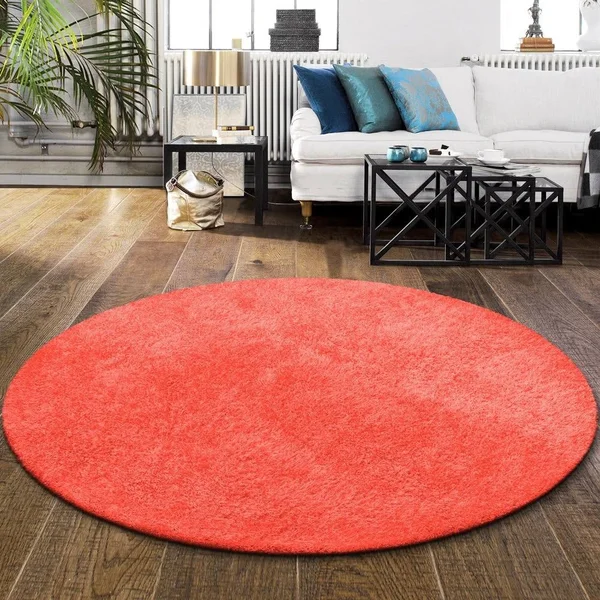 Superior Elegant - Plush, Hand-Woven Spiced Coral Shag Round Rug - 6'6" Round (6'6" Round - Spiced Coral), Pink