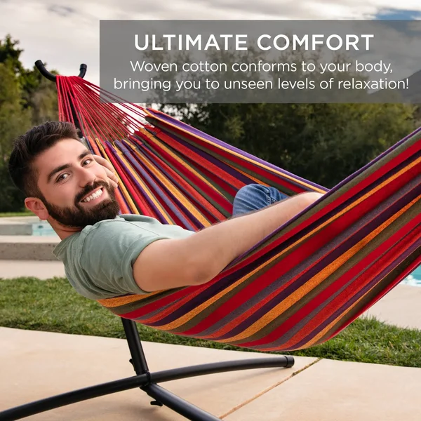 Best Choice Products 2-Person Brazilian-Style Cotton Double Hammock Bed w/ Carrying Bag - Steel Stand, Rainbow