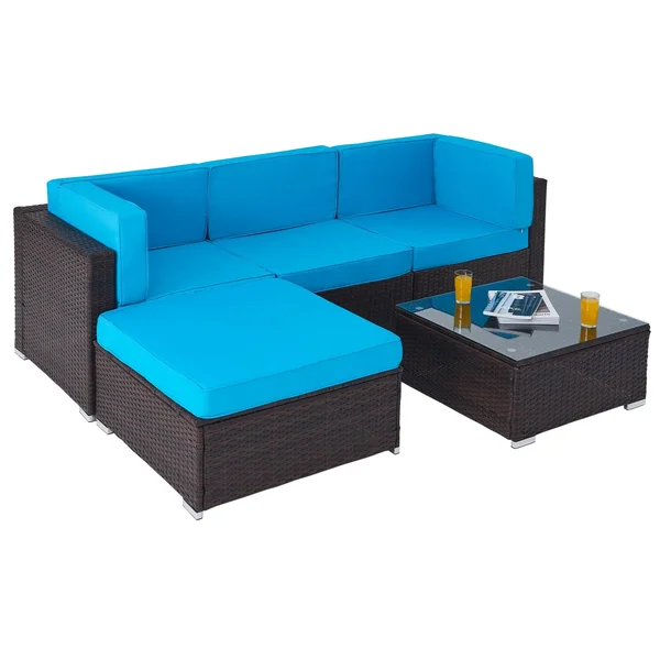 CO-Z 5 Pcs Outdoor Patio Furniture Set - Sectional Sofa, Table - Walnut & Blue, 29.5 x 29.5 x 25 in