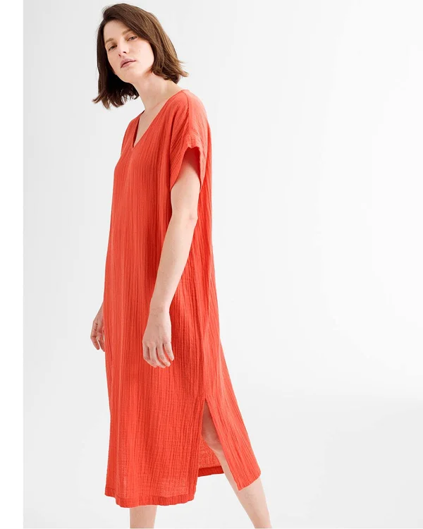 Eileen Fisher Petites Womens Organic Cotton V Neck Shirtdress, Red Orange
