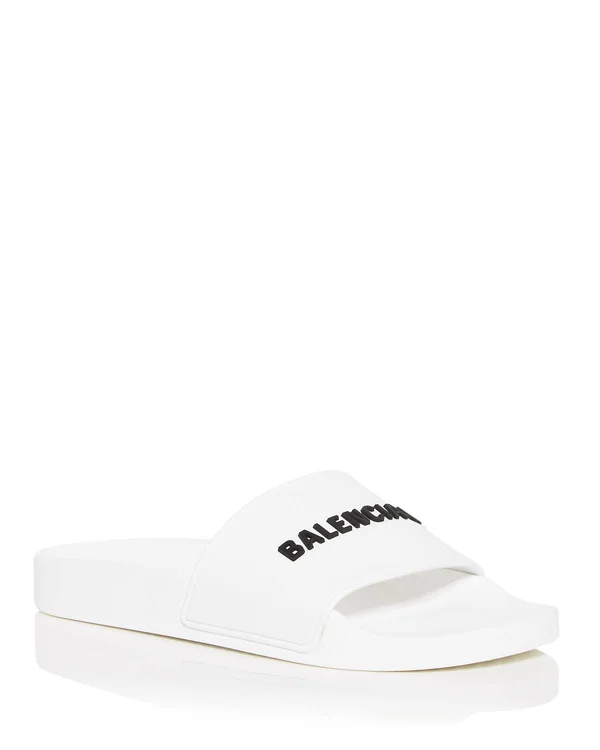 Balenciaga Logo Pool Slide Sandals, White, Women's, 41EU, Sandals Slides