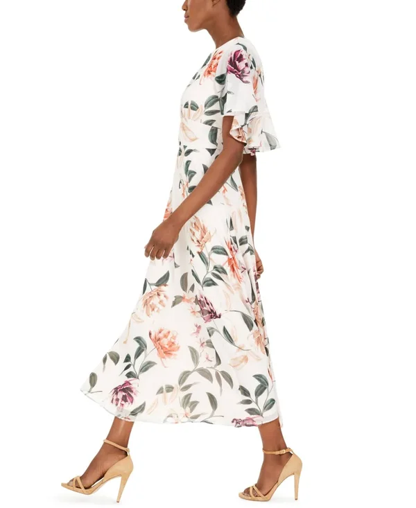 Calvin Klein Womens Pink Sheer Overlay Sleeves Floral Short Sleeve Jewel Neck Below The Knee Fit + Flare Evening Dress Size 2