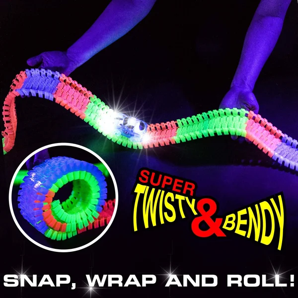 Glow Race Tracks for Boys 360pk Flexible Glow in The Dark Magic Snap Race Tracks for Kids w/ Light Up Car Toys - Car Racing Track