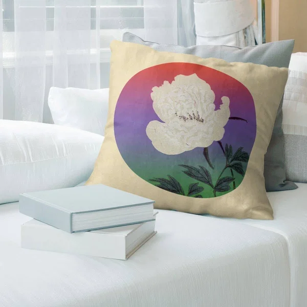 Porch & den Keito Sato &Vintage Japanese Flower Painting& Throw Pillow - 16 x 16 - Red, Purple, & Green - Synthetic Fibe