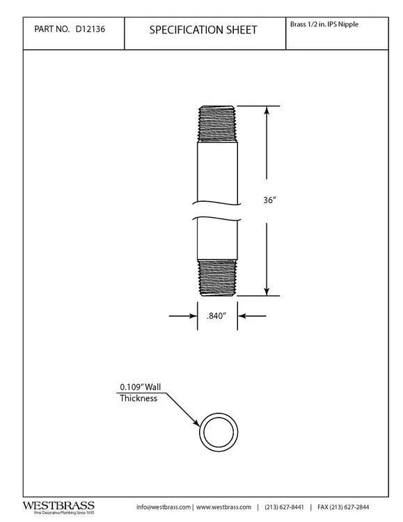Westbrass 1/2x22 x 36x22 IPS Pipe Nipple Satin Nickel D12136-07