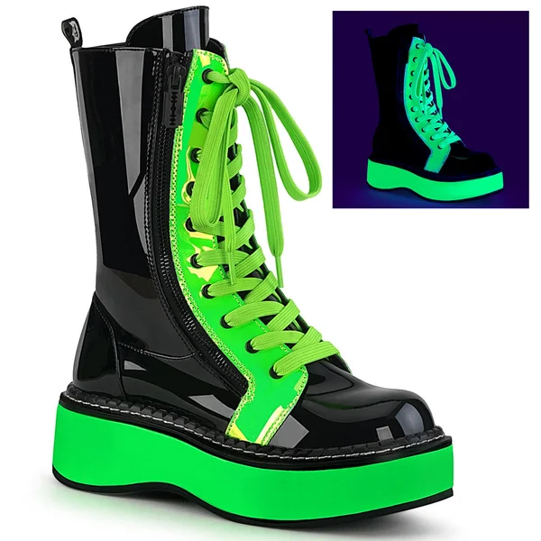 Demonia Women's Emily 350 UV Platform Mid Calf Boot - Size: 10, Black Patent/UV Neon Pink