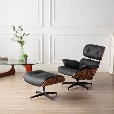 Handler 83.82Cm Wide Tufted Genuine Leather Swivel Lounge Chair and Ottoman Wade Logan Leather Type: Black Genuine Leather - Leg