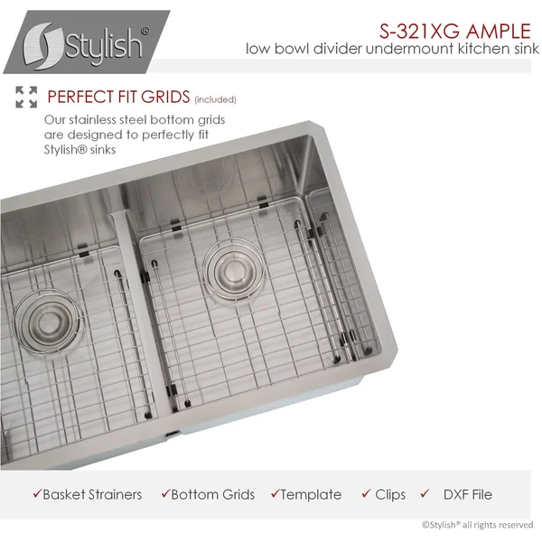 Stylish S-321XG 32x22L x 18x22W Double Basin Undermount Kitchen Sink with Grids and Strainers